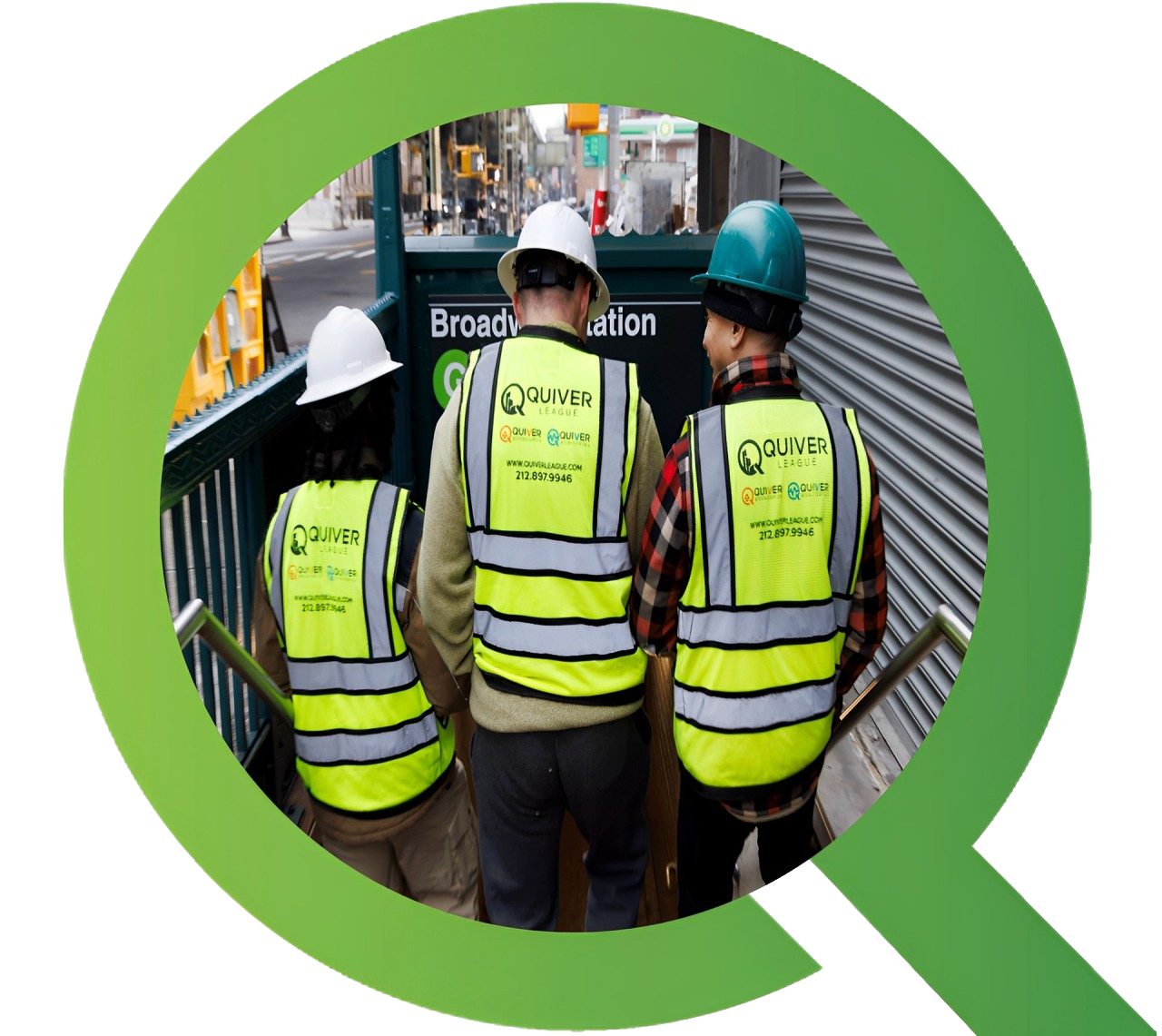 Construction workers in high-visibility vests at job site.